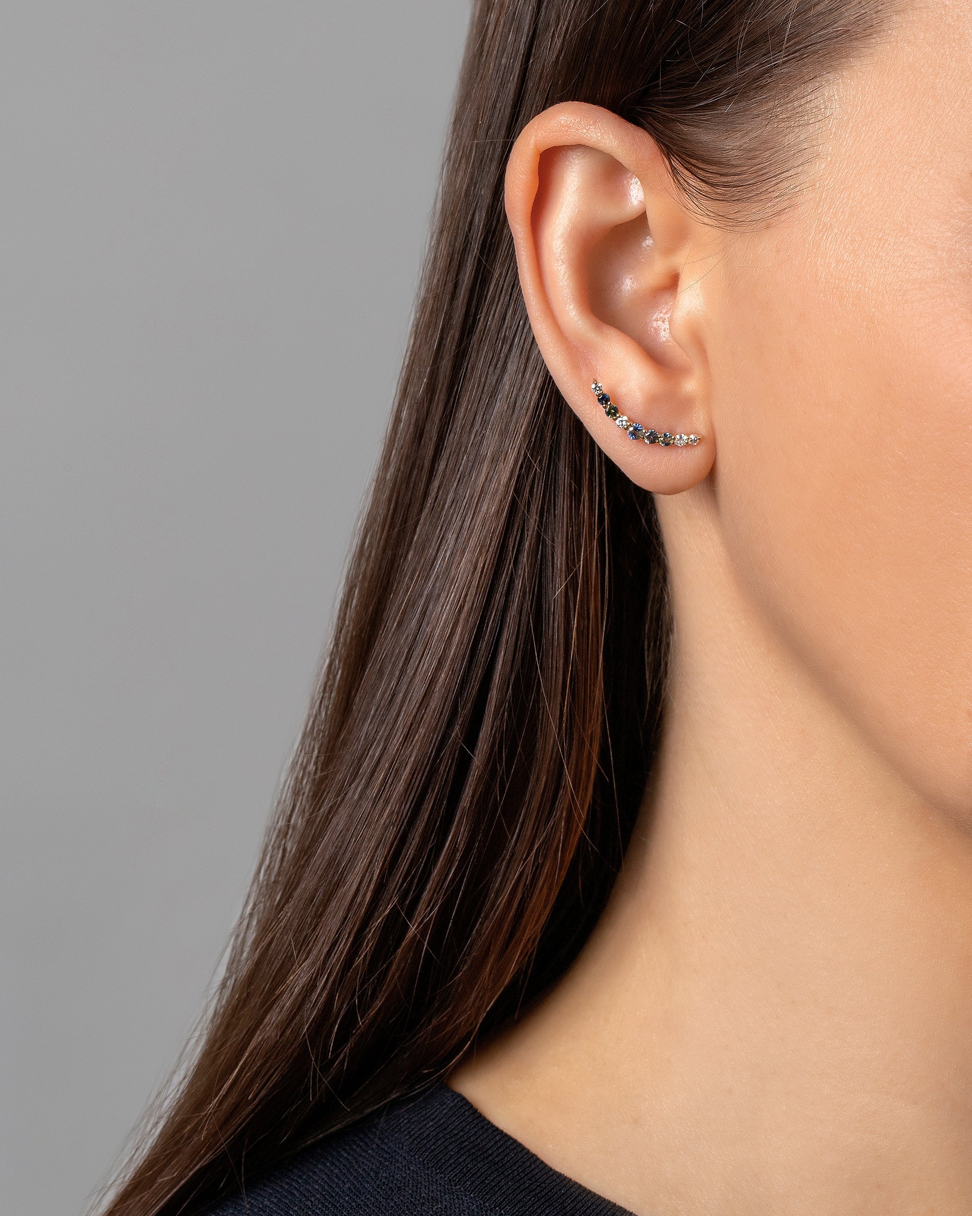 Crescent Ear Climber Stud Earrings - Sapphire & White Diamond - Image 2