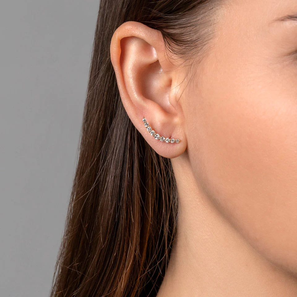Crescent Ear Climber Stud Earrings - White Diamond - Image 3