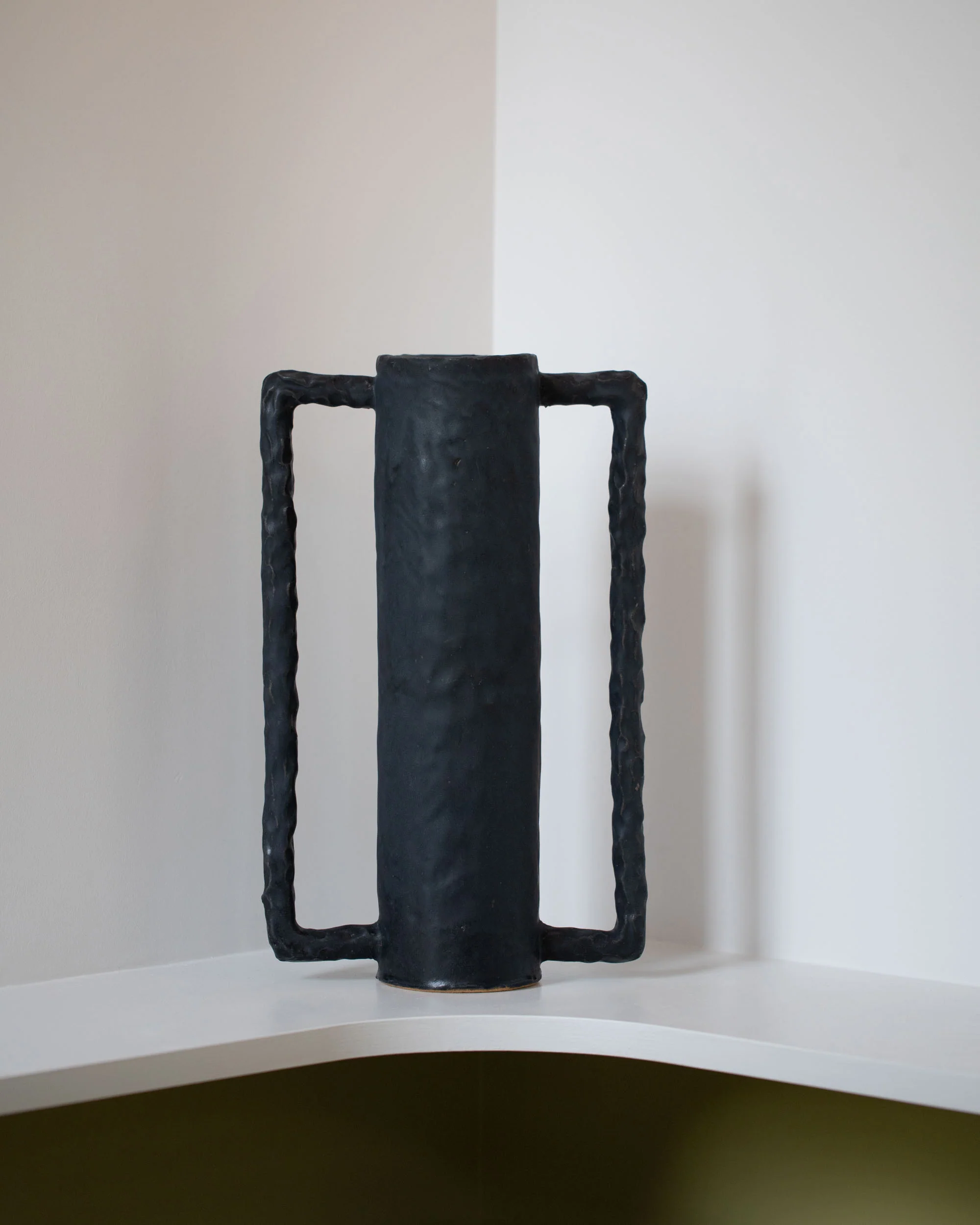 Coal Black Cylinder Vessel with Square Handle