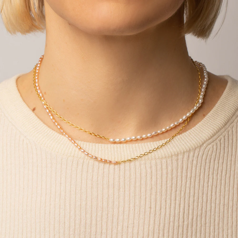 Half Oval Chain & White Seed Pearl Necklace - Image 4
