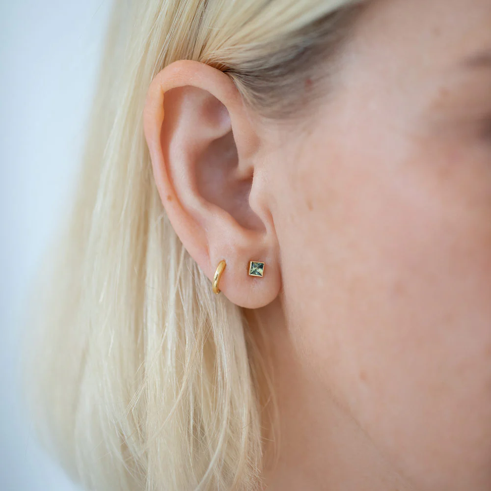 Square Frame Stud Earrings - Petite Bicolor Blue Sapphire - Image 3