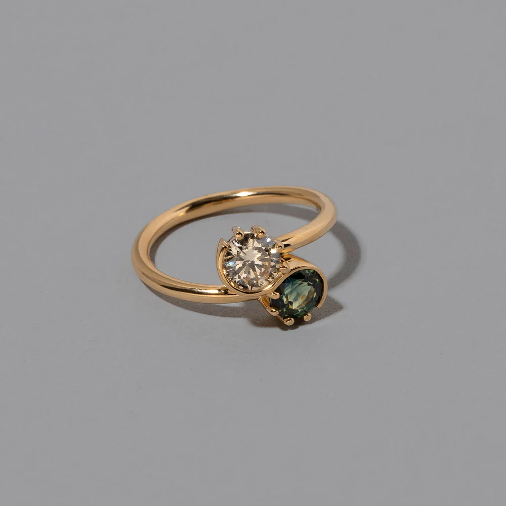 Sun & Moon Union Ring - Sapphire & Champagne Diamond - Image 4